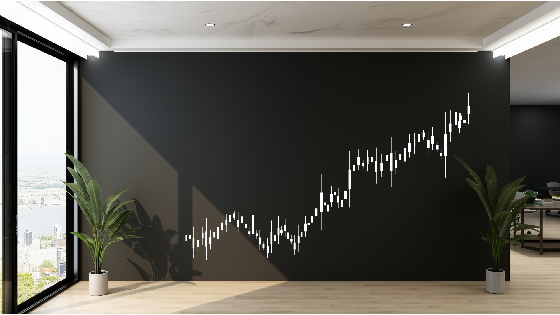 Büroraum mit Monitor und abstrahierter Kursdarstellung an der Wand