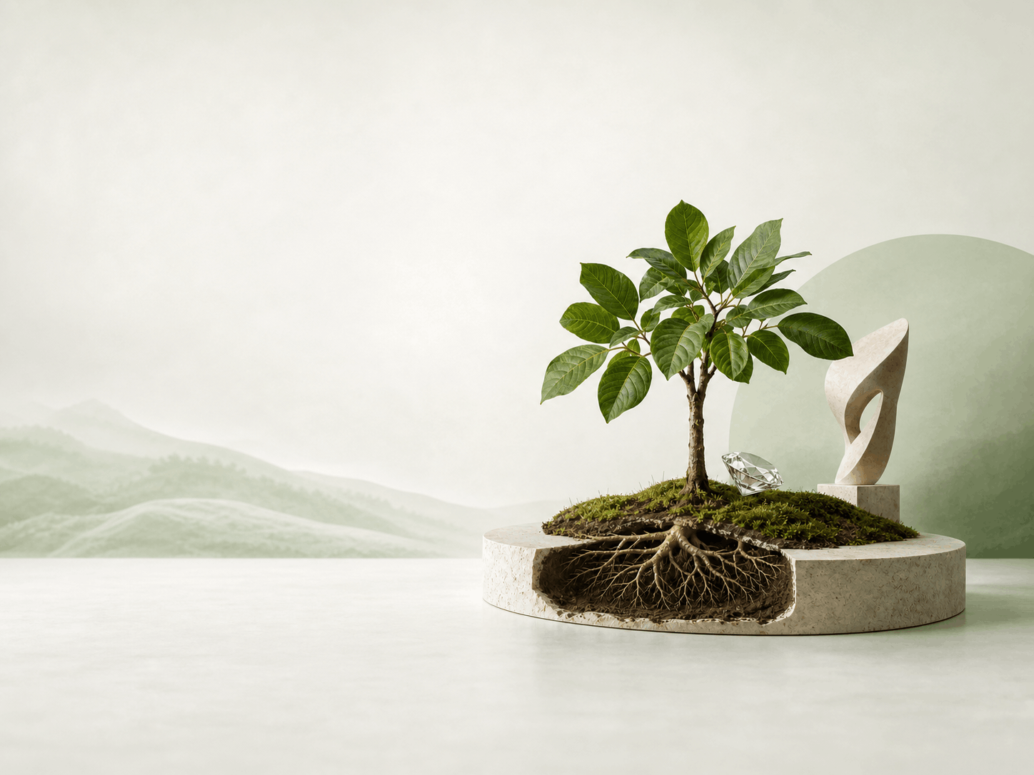 Baum mit Wurzeln, Diamant und Edelstein