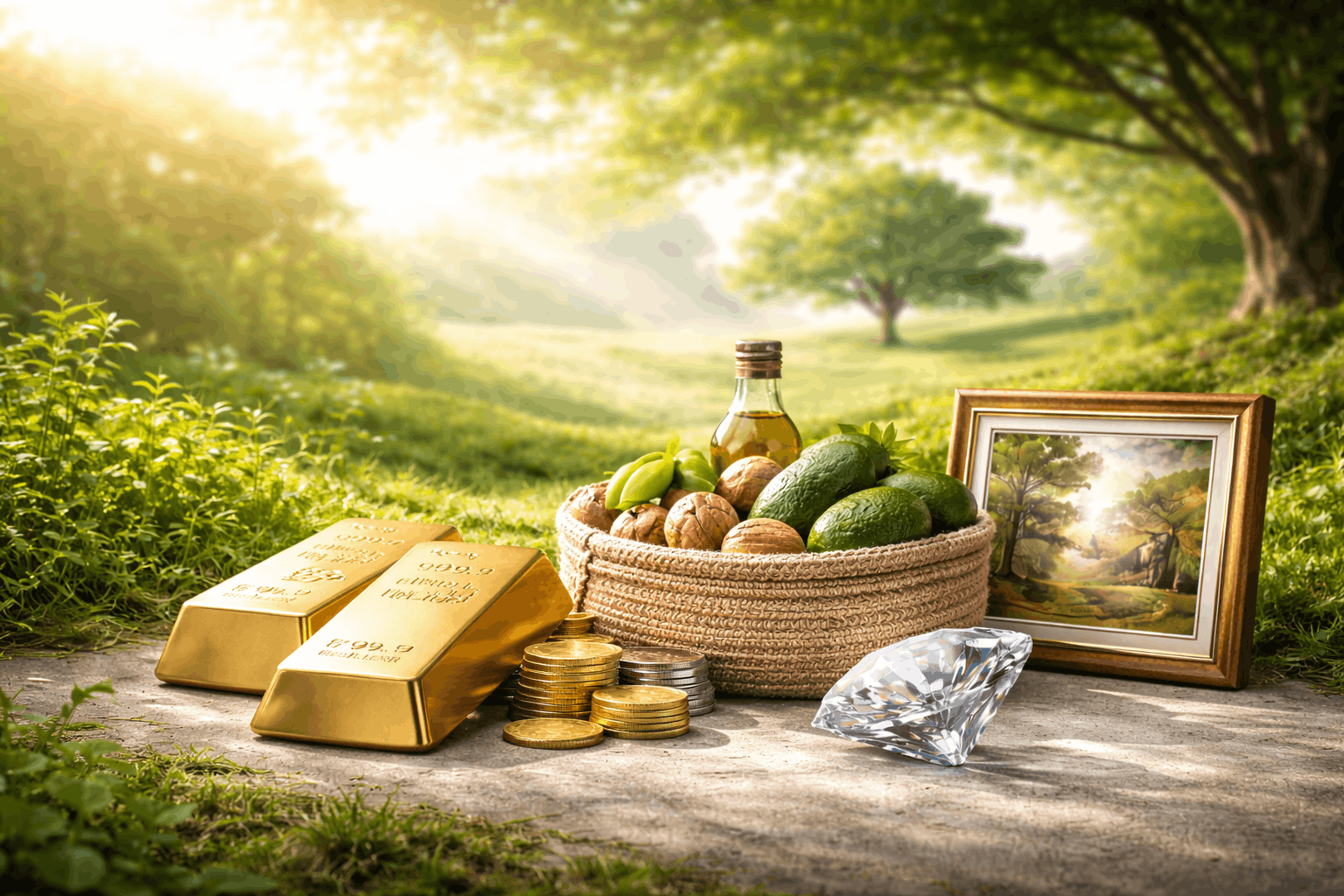 Stillleben realer Sachwerte: Gold, Walnüsse und ein Diamant